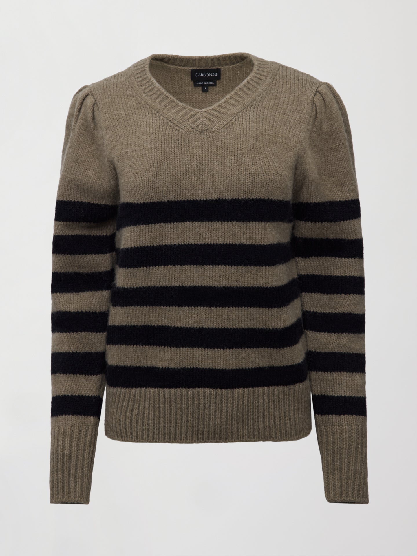 Carbon38 | Striped Puff Sleeve Sweater - Stone/ Black