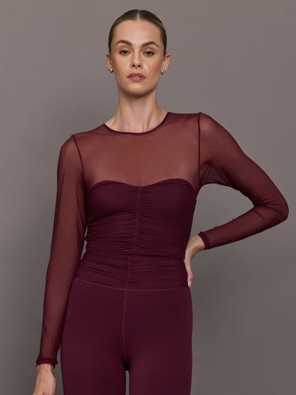 Carbon38 | Ruched Mesh Long Sleeve Top in Melt - Fig
