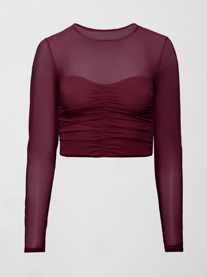 Carbon38 | Ruched Mesh Long Sleeve Top in Melt - Fig