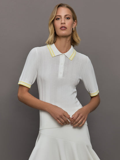 Carbon38 | Short Sleeve Collared Tennis Top - White / Pastel Yellow