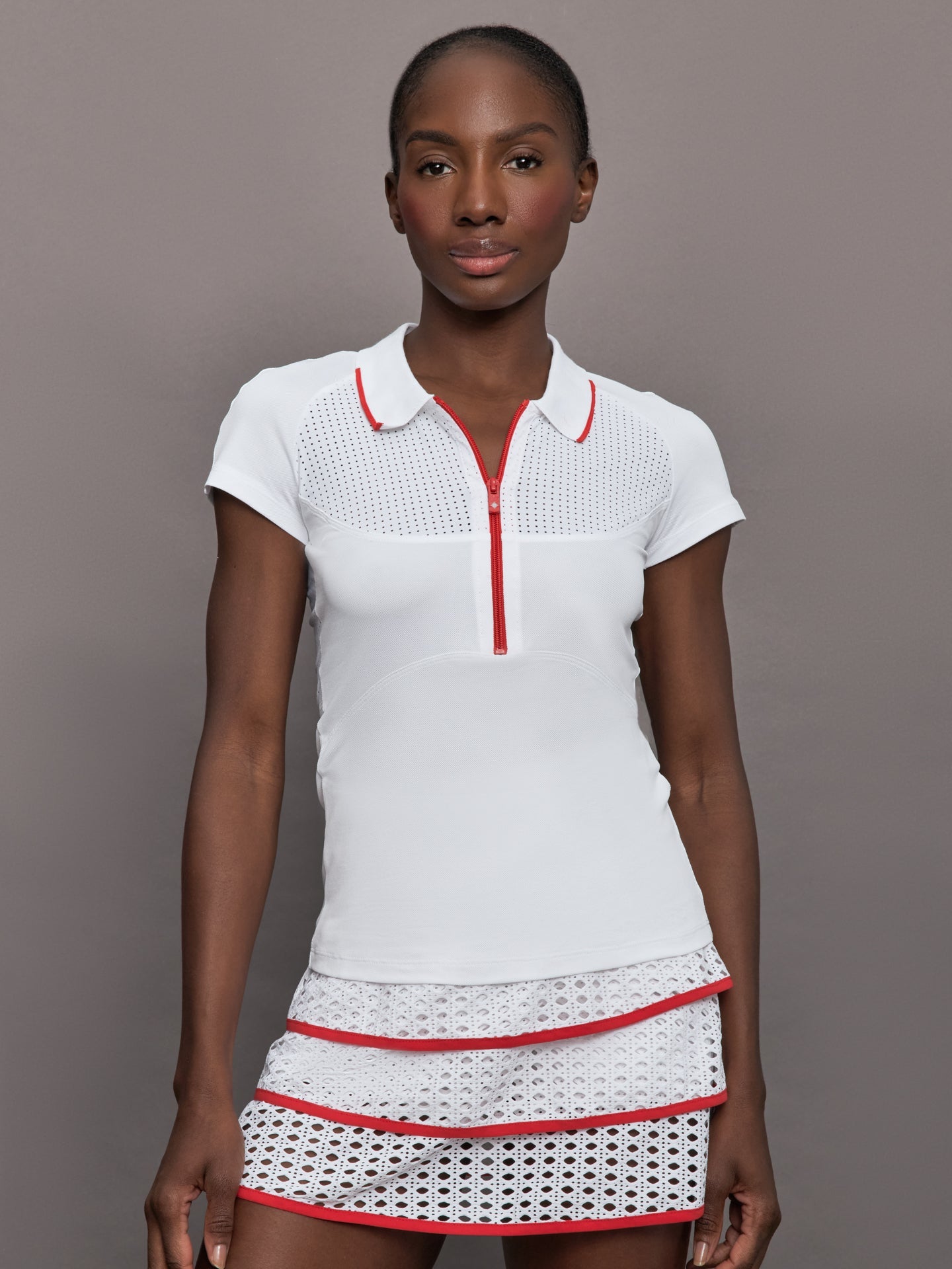Carbon38 | Mesh Zip Performance Polo - White with Red Trim