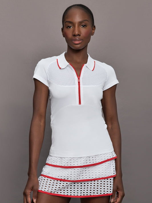 Carbon38 | Mesh Zip Performance Polo - White with Red Trim