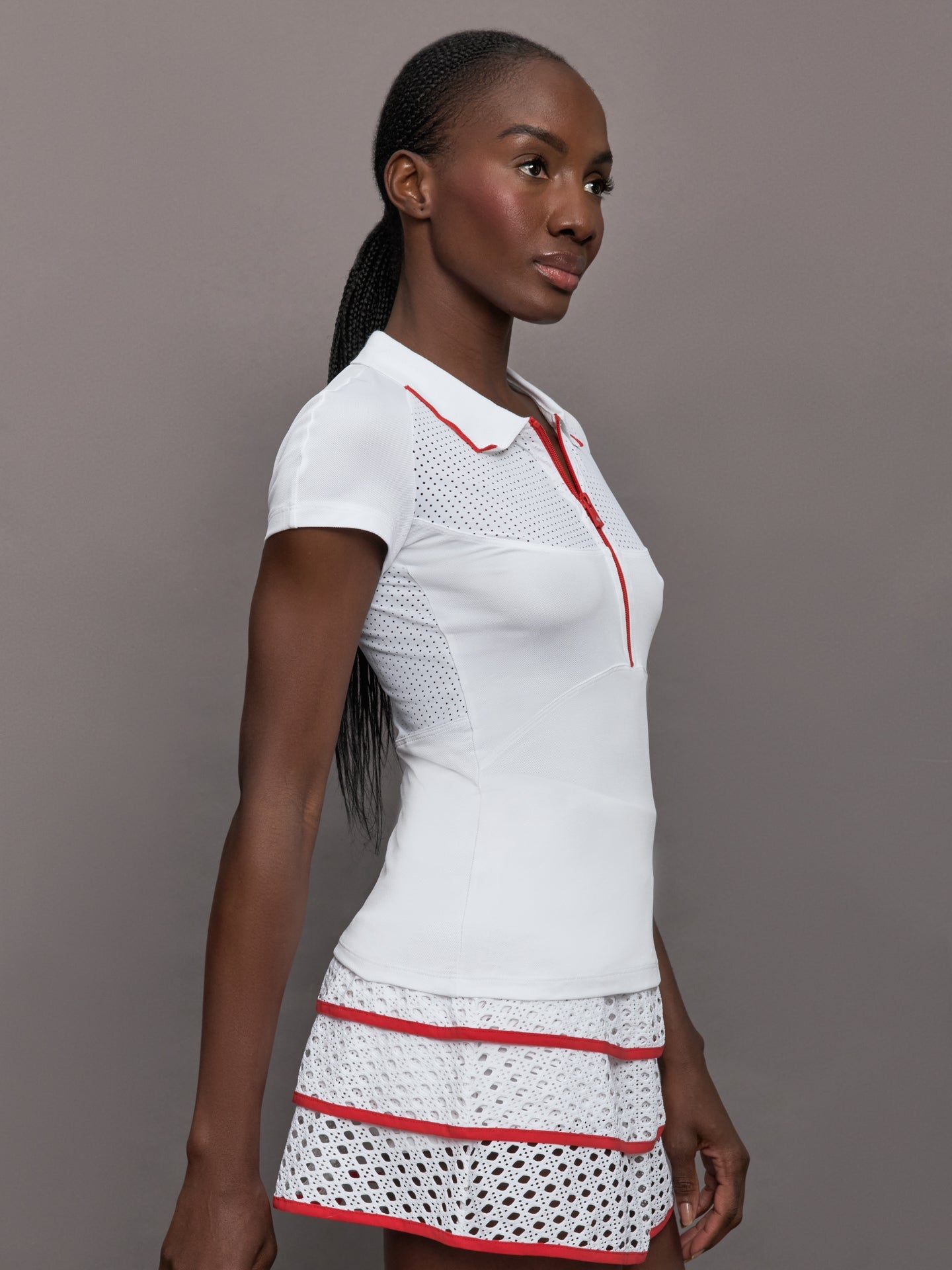 Carbon38 | Mesh Zip Performance Polo - White with Red Trim