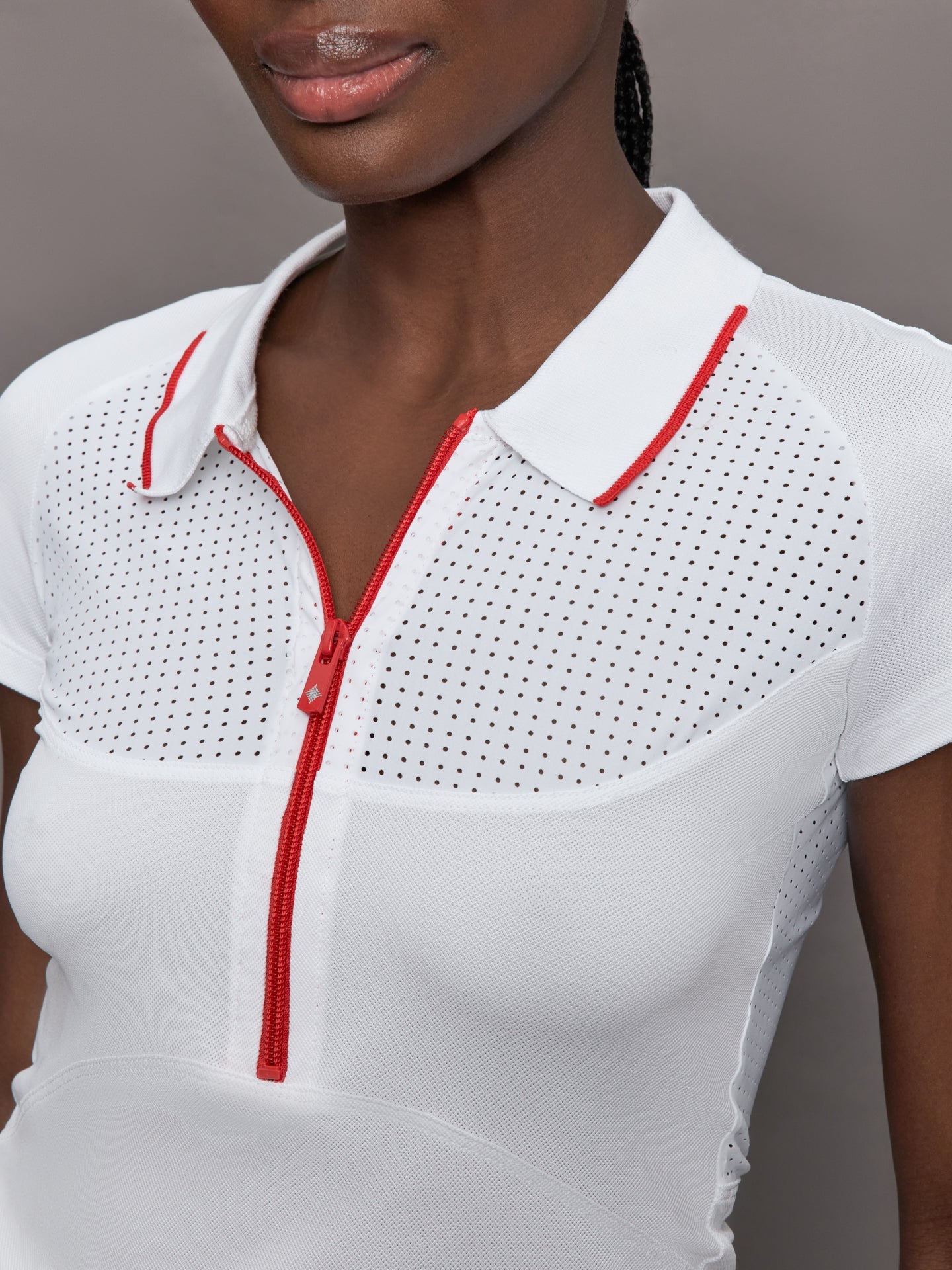 Carbon38 | Mesh Zip Performance Polo - White with Red Trim