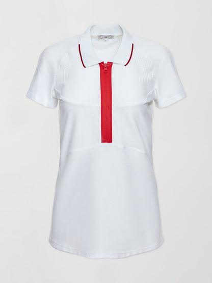 Carbon38 | Mesh Zip Performance Polo - White with Red Trim