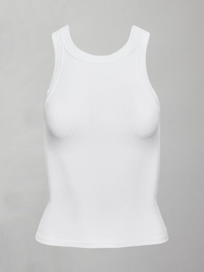 Carbon38 | High Neck Fitted Tank in Ribbed Jersey - White
