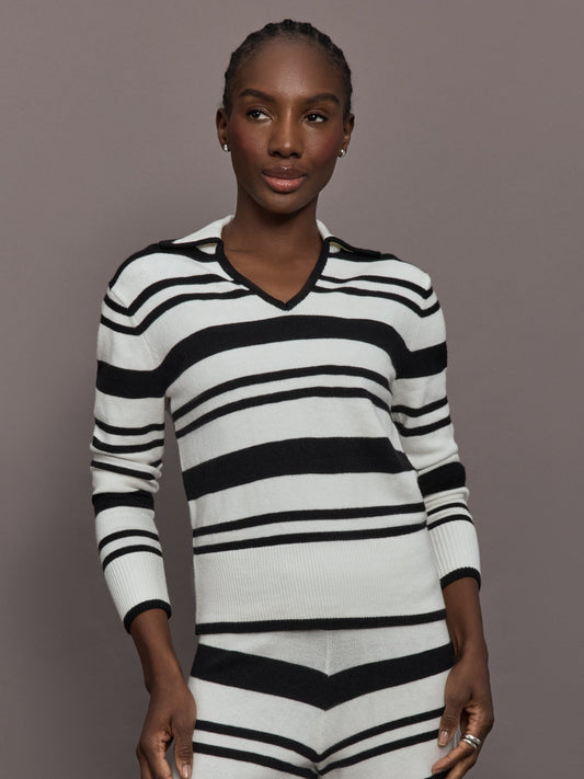 Carbon38 | Johnny Collar Striped Sweater - Black/Cream