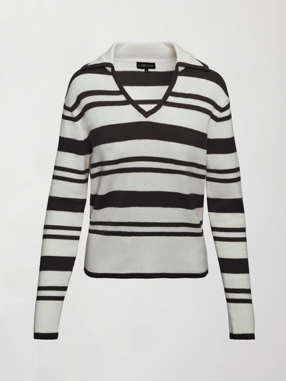 Carbon38 | Johnny Collar Striped Sweater - Black/Cream