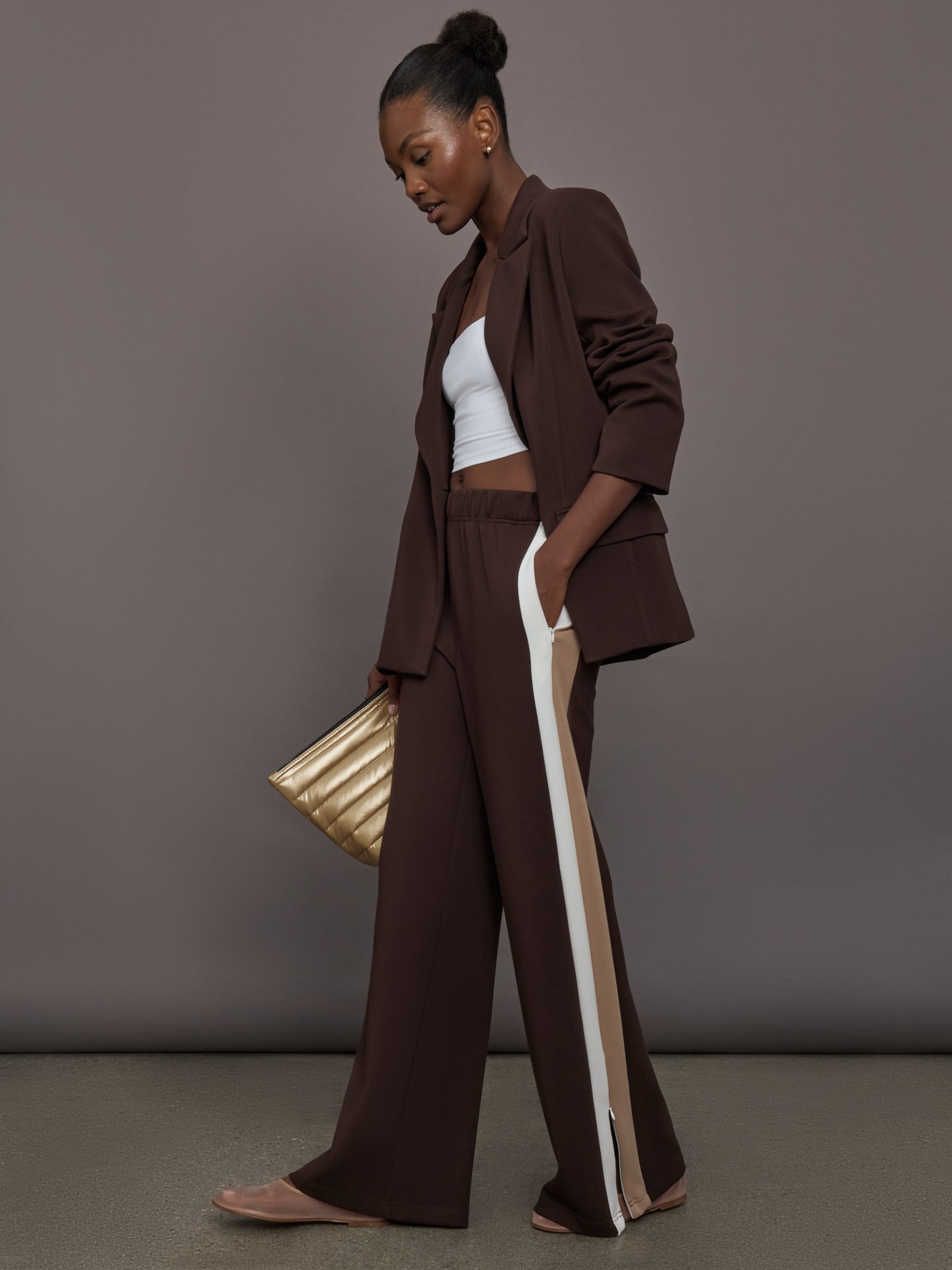 Carbon38 | Wide Leg Track Pant in Scuba - Chocolate Torte