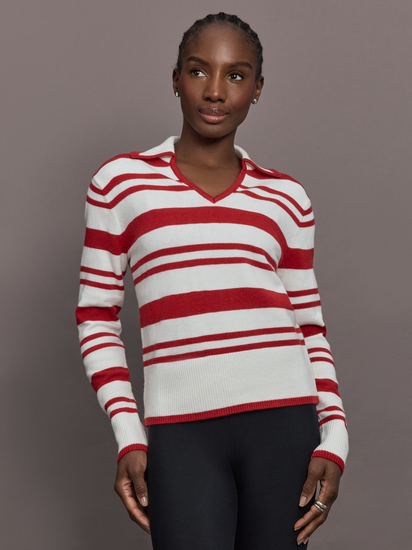 Carbon38 | Johnny Collar Striped Sweater - Red/Cream
