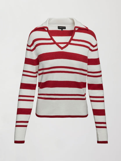Carbon38 | Johnny Collar Striped Sweater - Red/Cream