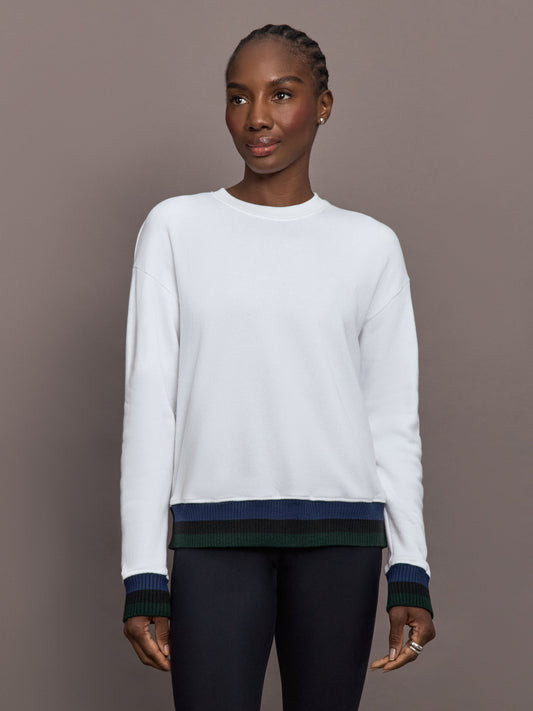 Carbon38 | Banded Sweatshirt in French Terry - White with Navy/Black/Forest