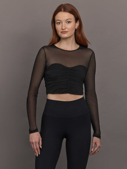 Carbon38 | Ruched Mesh Long Sleeve Top in Melt - Black