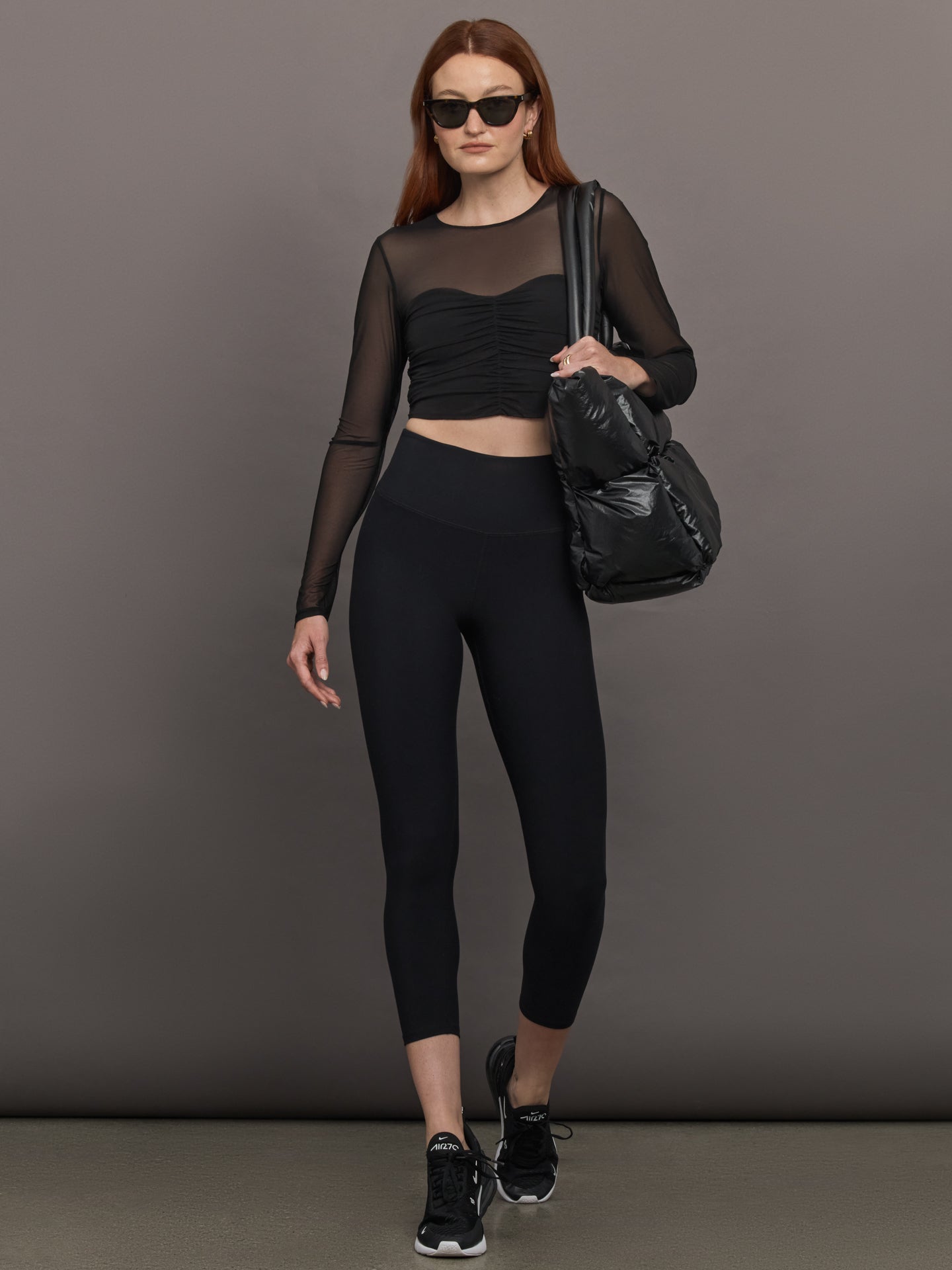 Carbon38 | Ruched Mesh Long Sleeve Top in Melt - Black