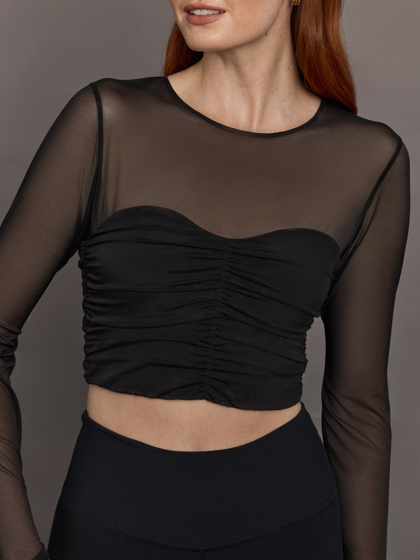 Carbon38 | Ruched Mesh Long Sleeve Top in Melt - Black