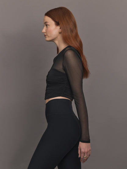 Carbon38 | Ruched Mesh Long Sleeve Top in Melt - Black