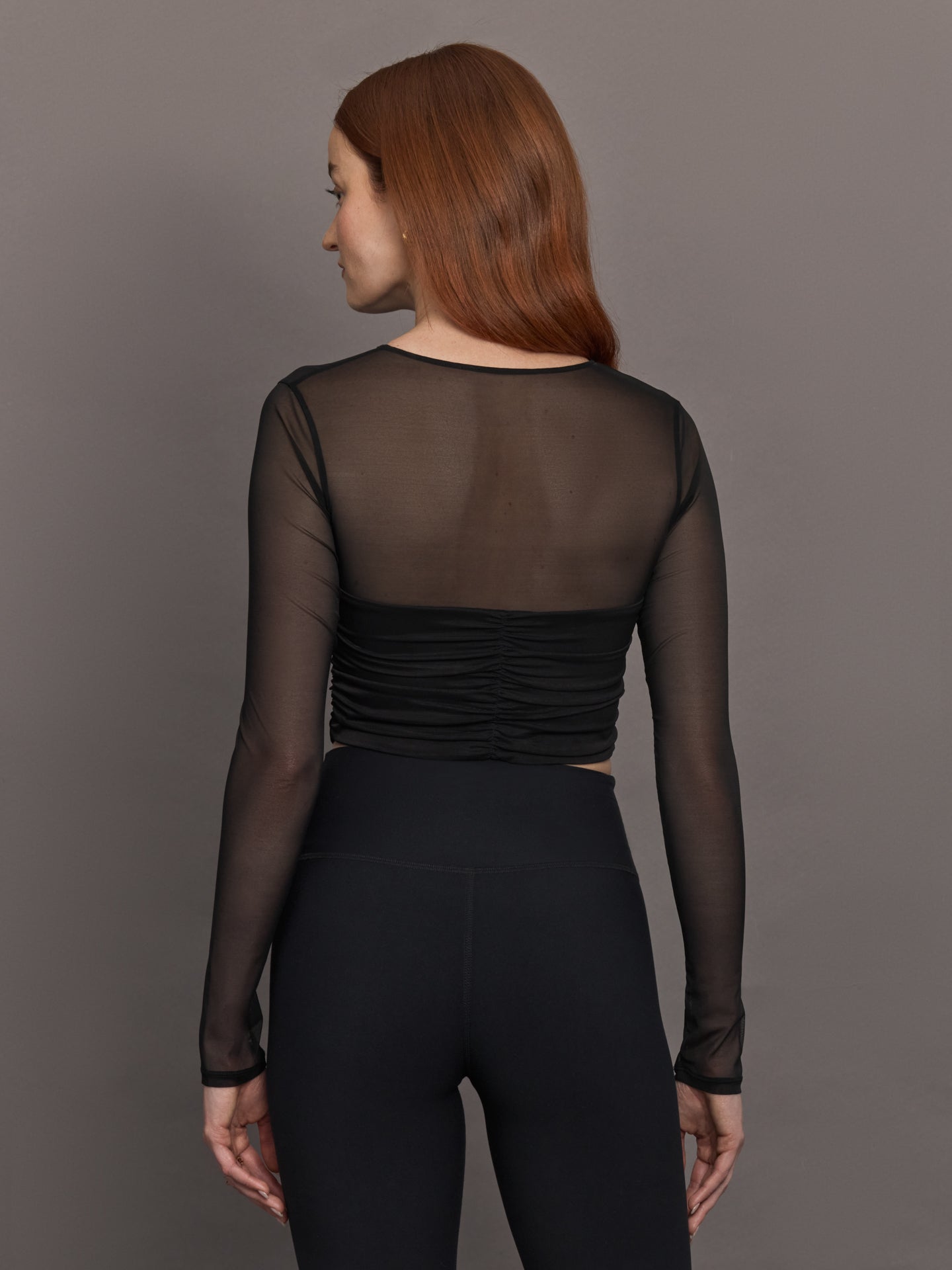 Carbon38 | Ruched Mesh Long Sleeve Top in Melt - Black