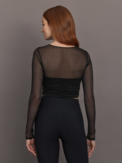 Carbon38 | Ruched Mesh Long Sleeve Top in Melt - Black