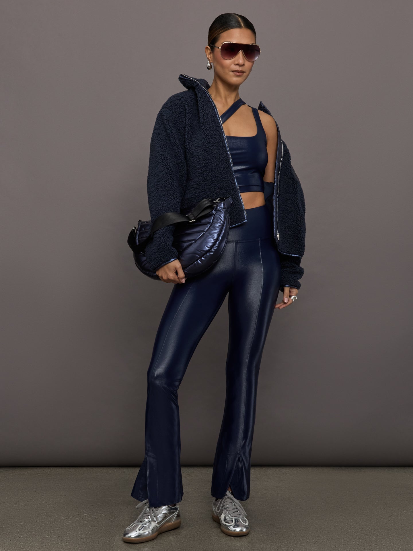 Carbon38 | High Rise Flare Legging In Takara Shine - Navy Blazer