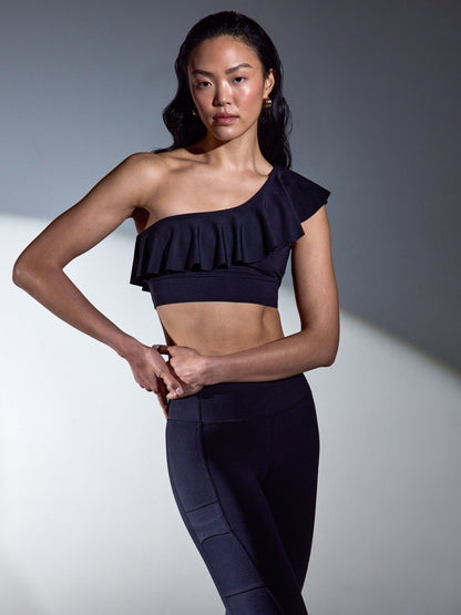 Carbon38 | Ruffle One Shoulder Bra in Diamond Compression - Black