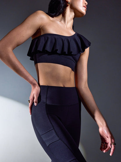Carbon38 | Ruffle One Shoulder Bra in Diamond Compression - Black