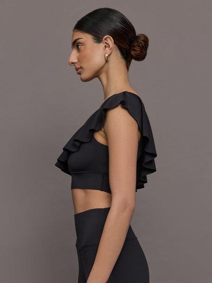 Carbon38 | Ruffle One Shoulder Bra in Diamond Compression - Black