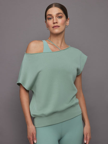Carbon38 | Short Sleeve Off Shoulder Sweatshirt in French Terry - Granite Green