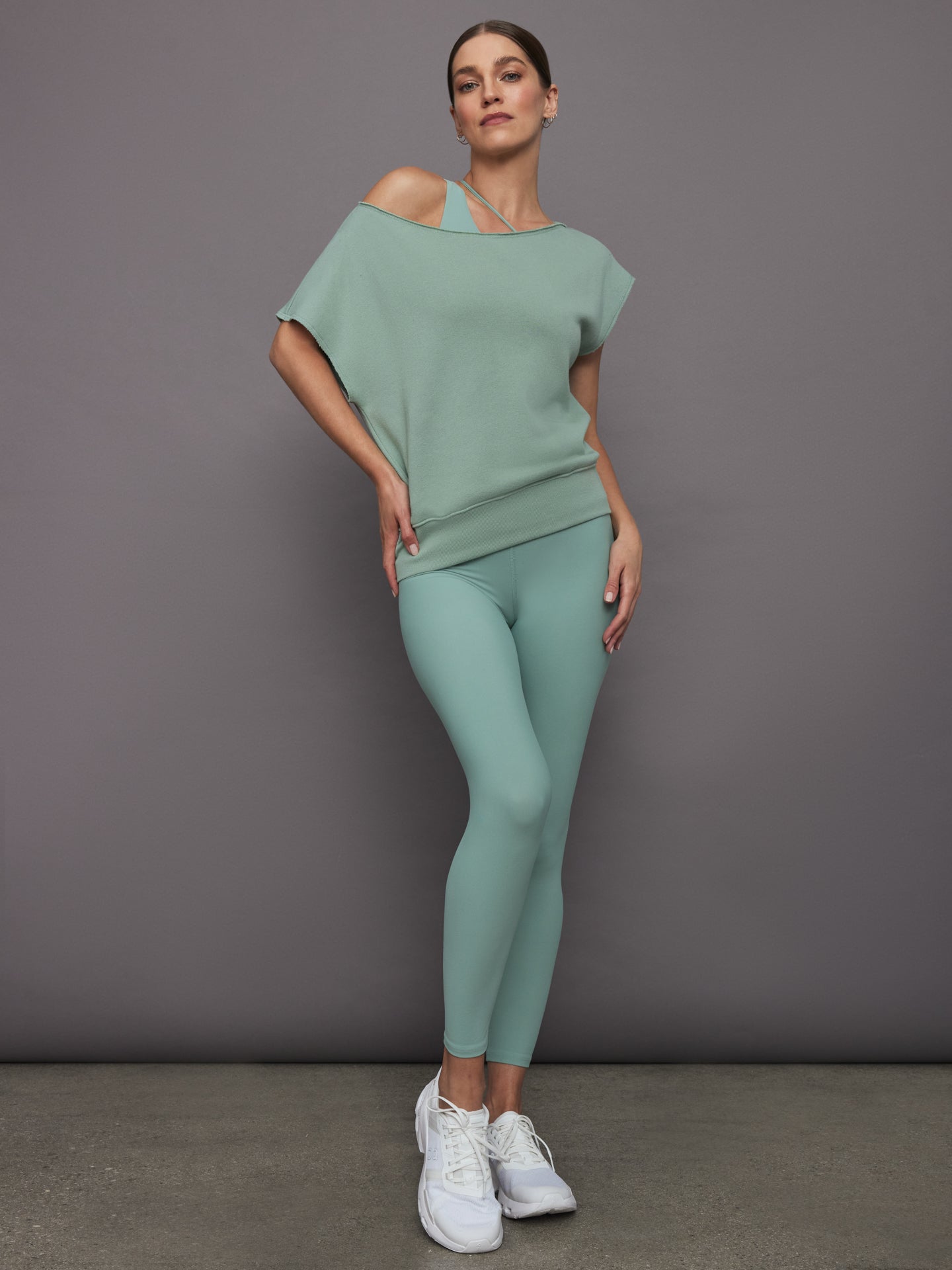 Carbon38 | Short Sleeve Off Shoulder Sweatshirt in French Terry - Granite Green