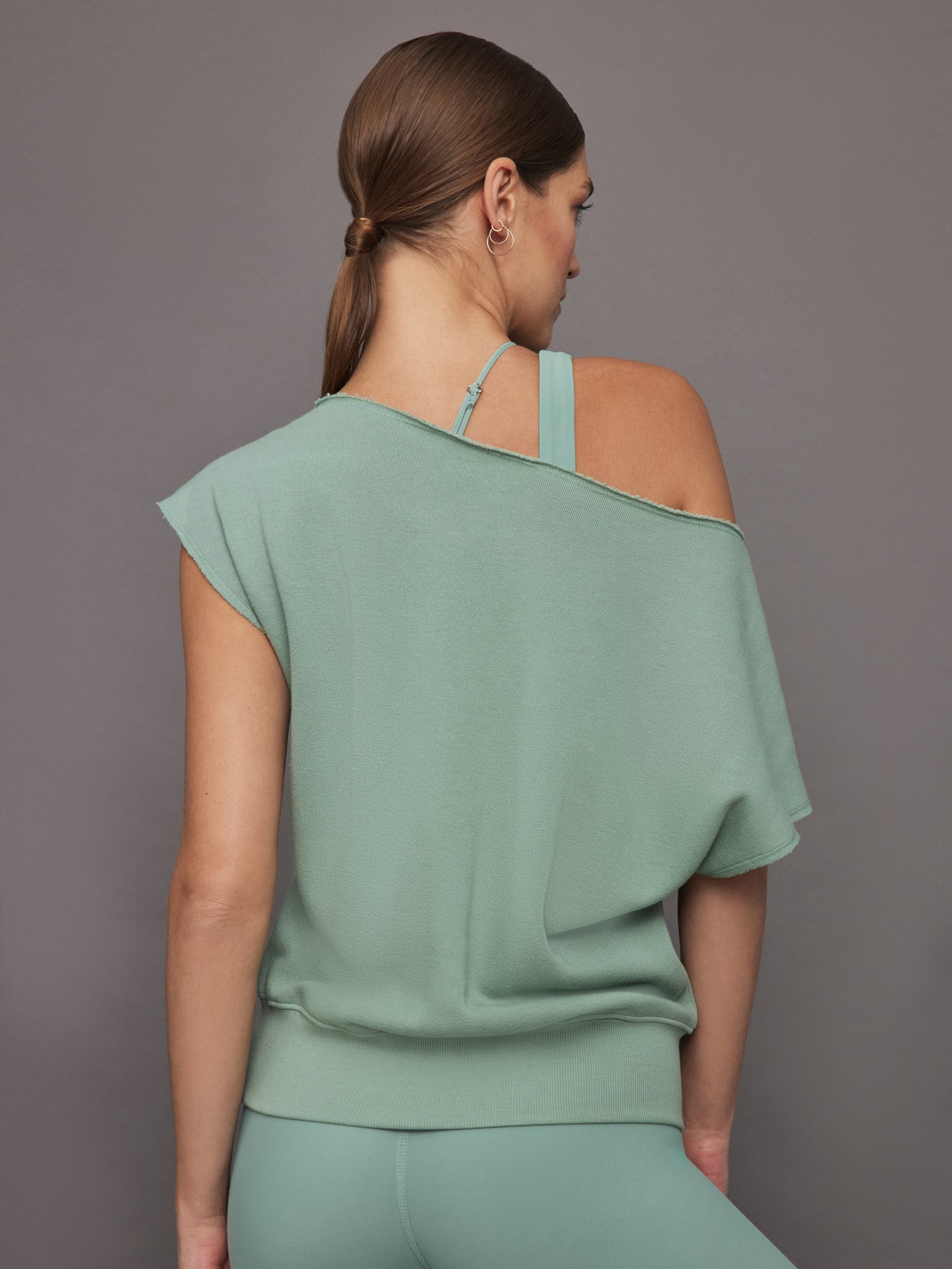 Carbon38 | Short Sleeve Off Shoulder Sweatshirt in French Terry - Granite Green