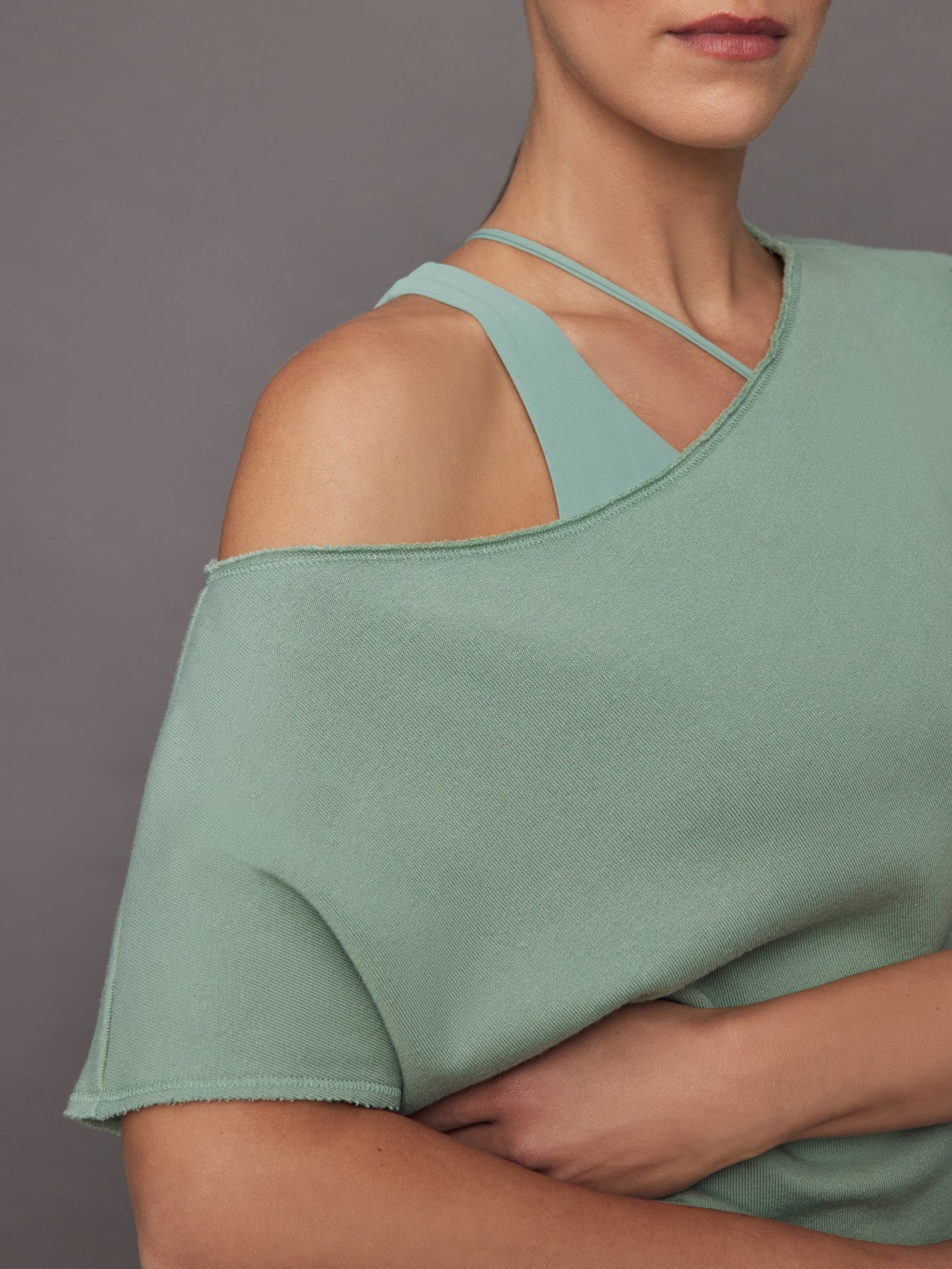 Carbon38 | Short Sleeve Off Shoulder Sweatshirt in French Terry - Granite Green