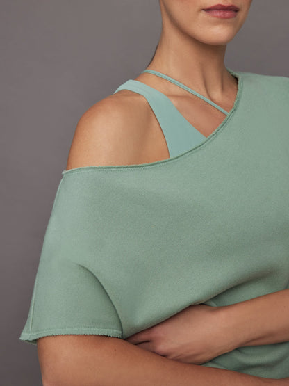 Carbon38 | Short Sleeve Off Shoulder Sweatshirt in French Terry - Granite Green