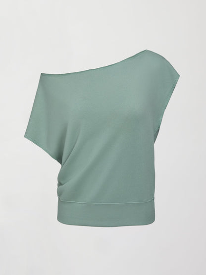 Carbon38 | Short Sleeve Off Shoulder Sweatshirt in French Terry - Granite Green