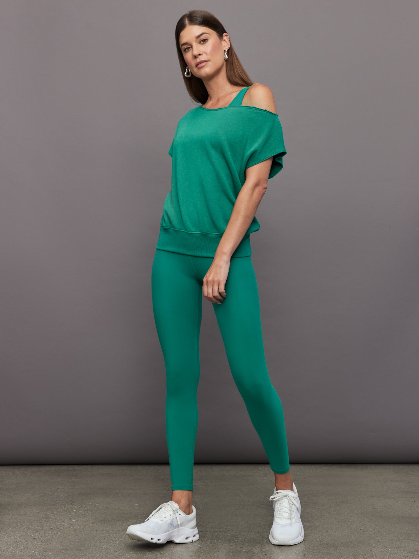 Carbon38 | Short Sleeve Off Shoulder Sweatshirt in French Terry - Malachite