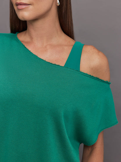 Carbon38 | Short Sleeve Off Shoulder Sweatshirt in French Terry - Malachite