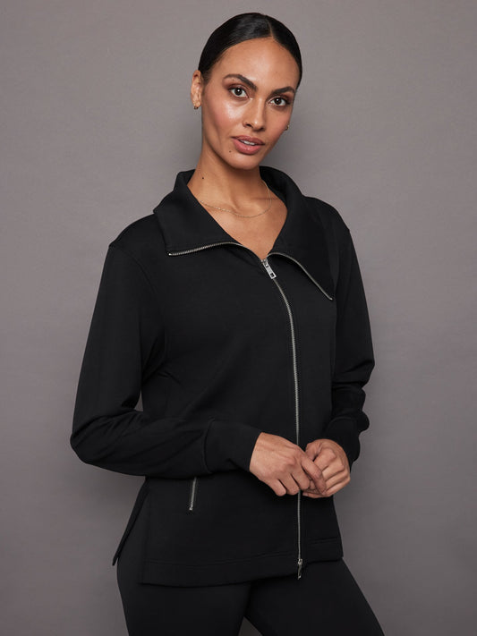 Carbon38 | Knit Jacket with Asymmetrical Zip in Interlock - Black