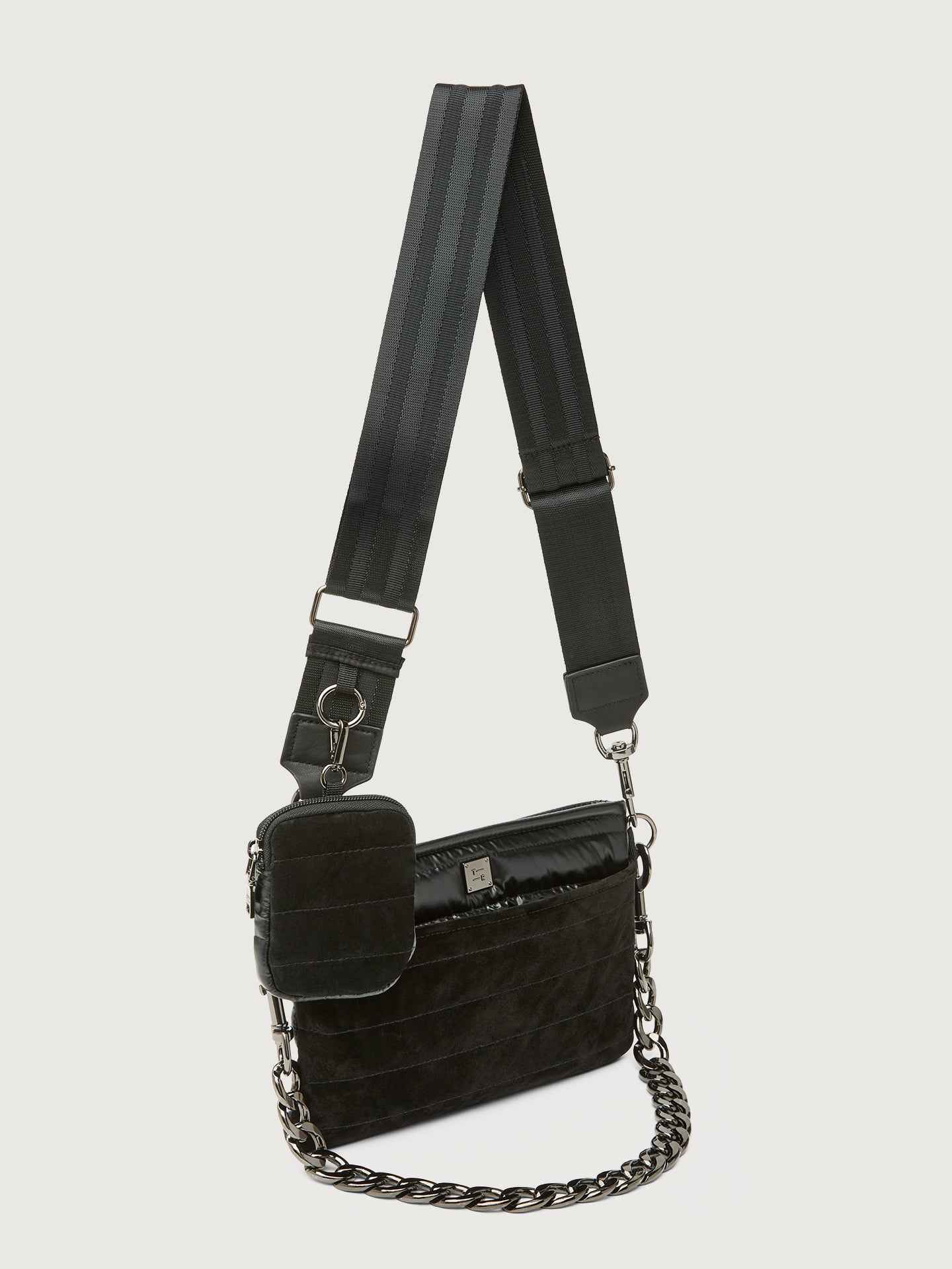 Carbon38 | Downtown Crossbody - Black Suede & Pearl Black/Black Web Gunmetal Hard
