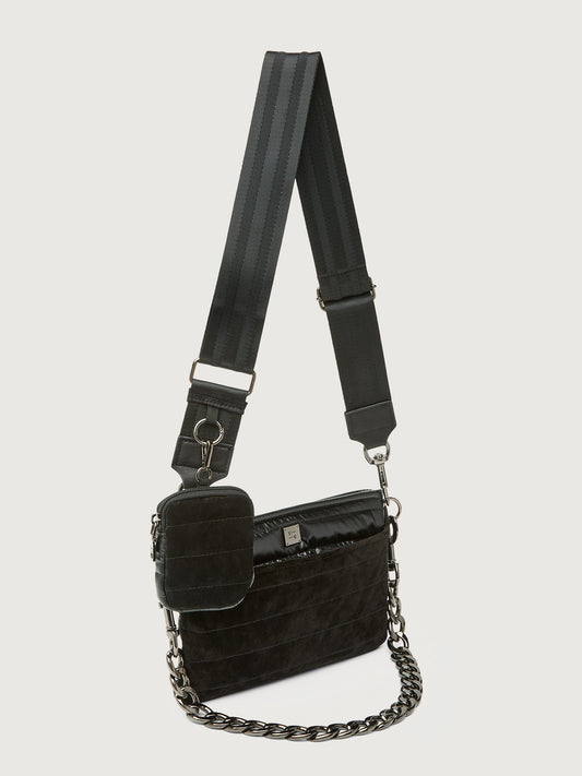 Carbon38 | Downtown Crossbody - Black Suede & Pearl Black/Black Web Gunmetal Hard