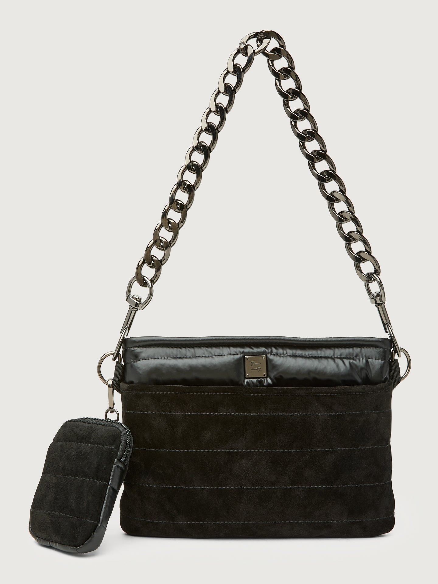 Carbon38 | Downtown Crossbody - Black Suede & Pearl Black/Black Web Gunmetal Hard