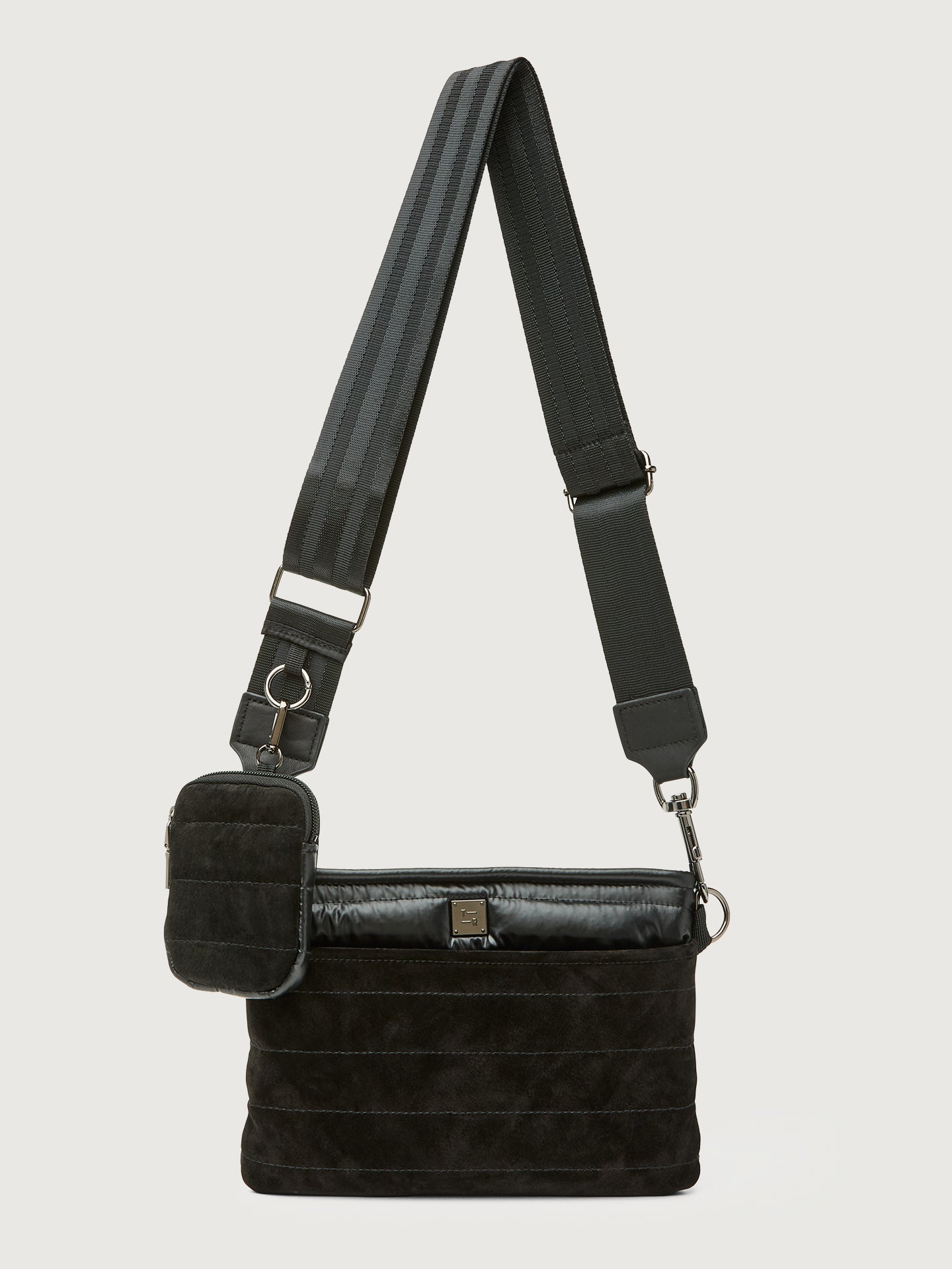 Carbon38 | Downtown Crossbody - Black Suede & Pearl Black/Black Web Gunmetal Hard