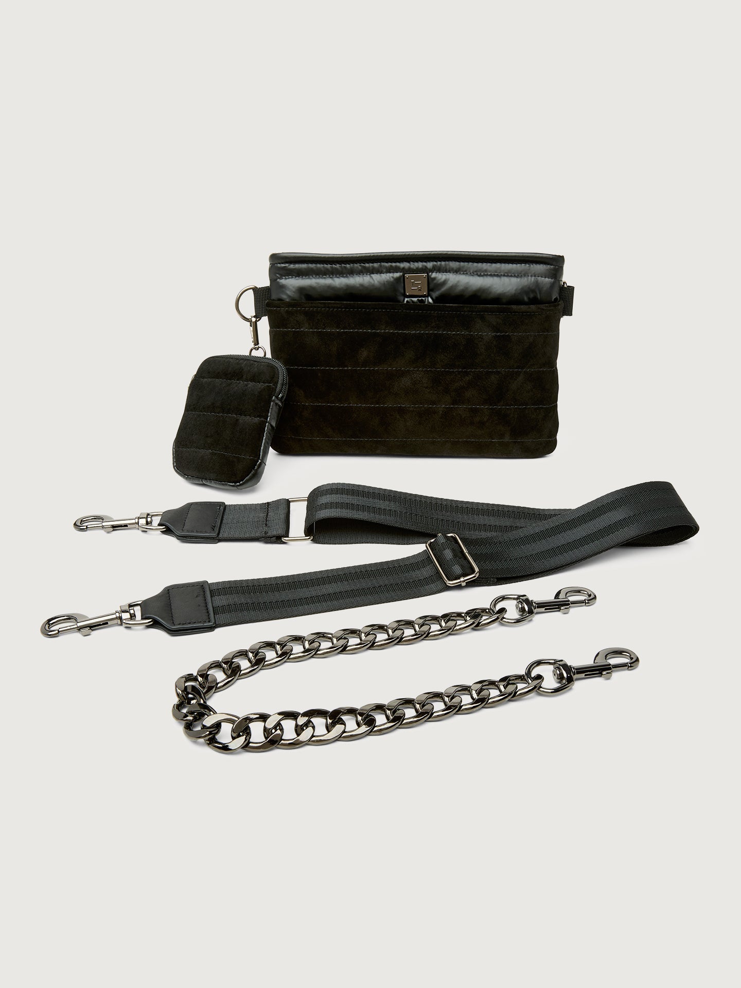 Carbon38 | Downtown Crossbody - Black Suede & Pearl Black/Black Web Gunmetal Hard