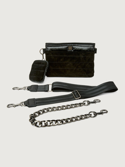 Carbon38 | Downtown Crossbody - Black Suede & Pearl Black/Black Web Gunmetal Hard