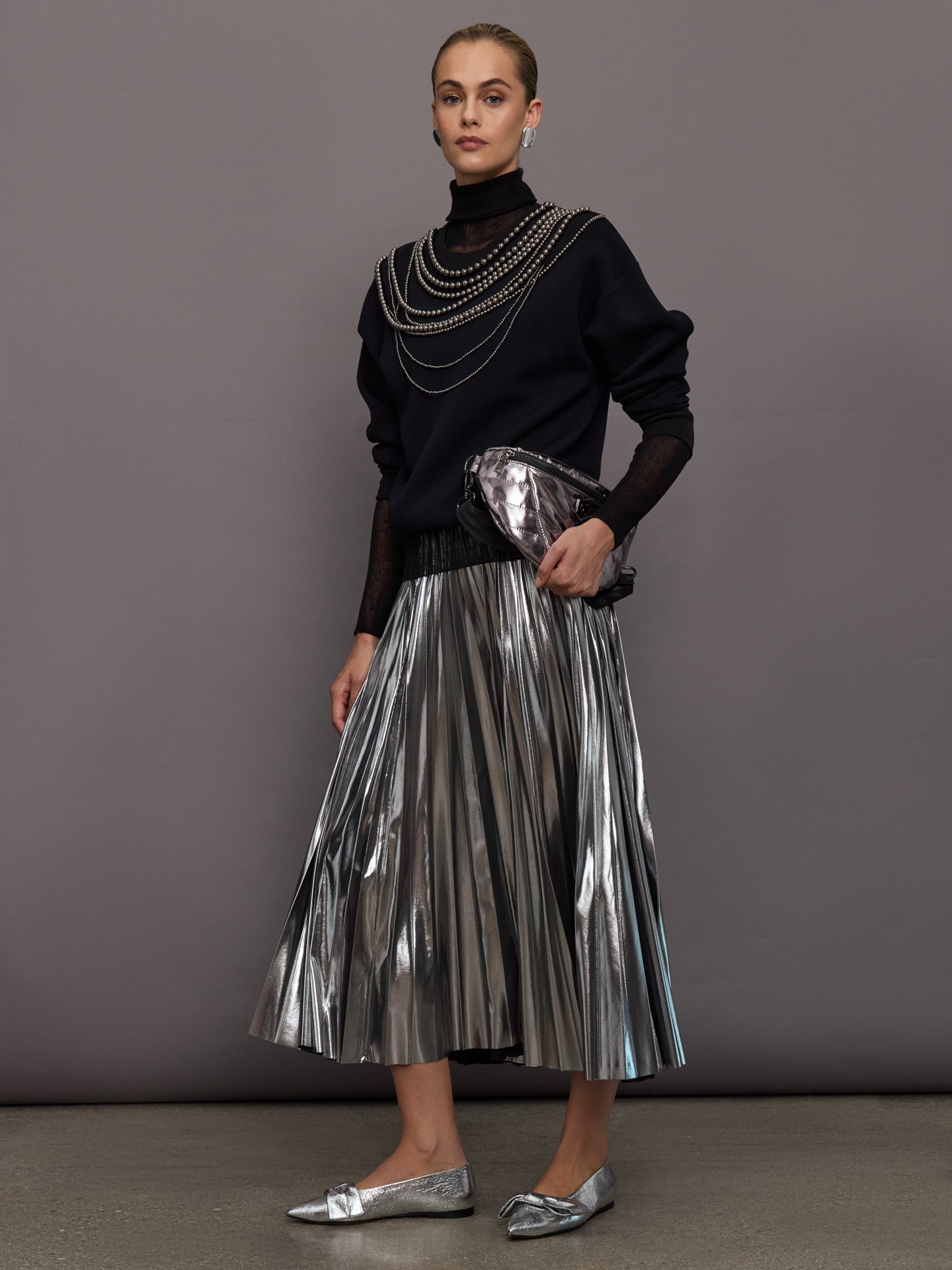 Carbon38 | Metallic Pleated Skirt - Silver