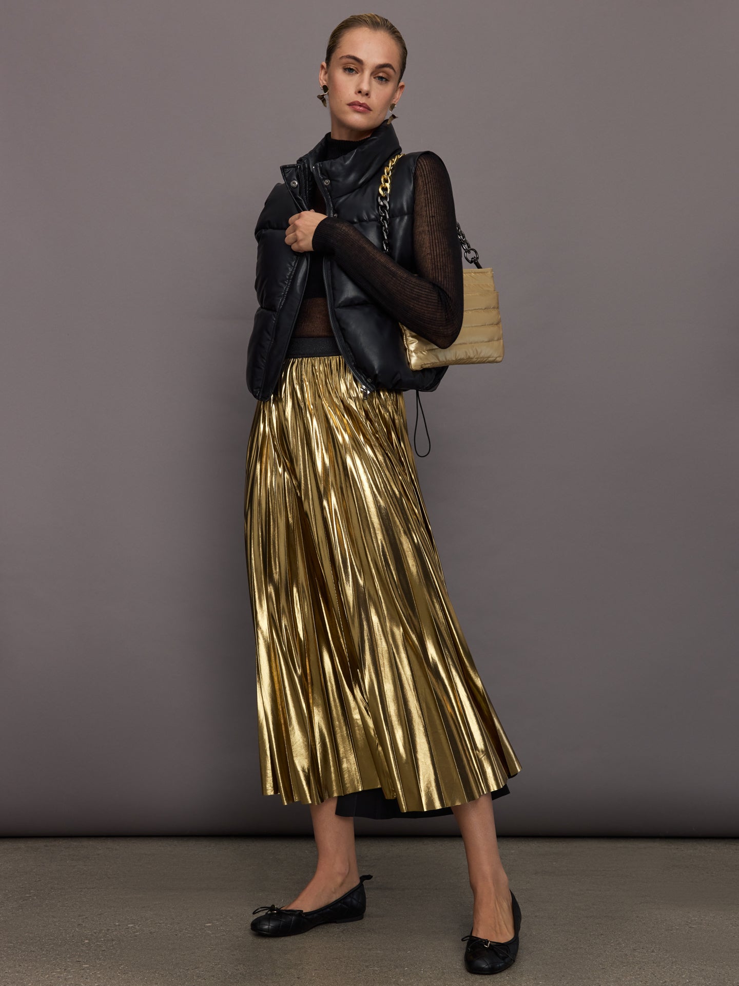 Carbon38 | Metallic Pleated Skirt - Gold