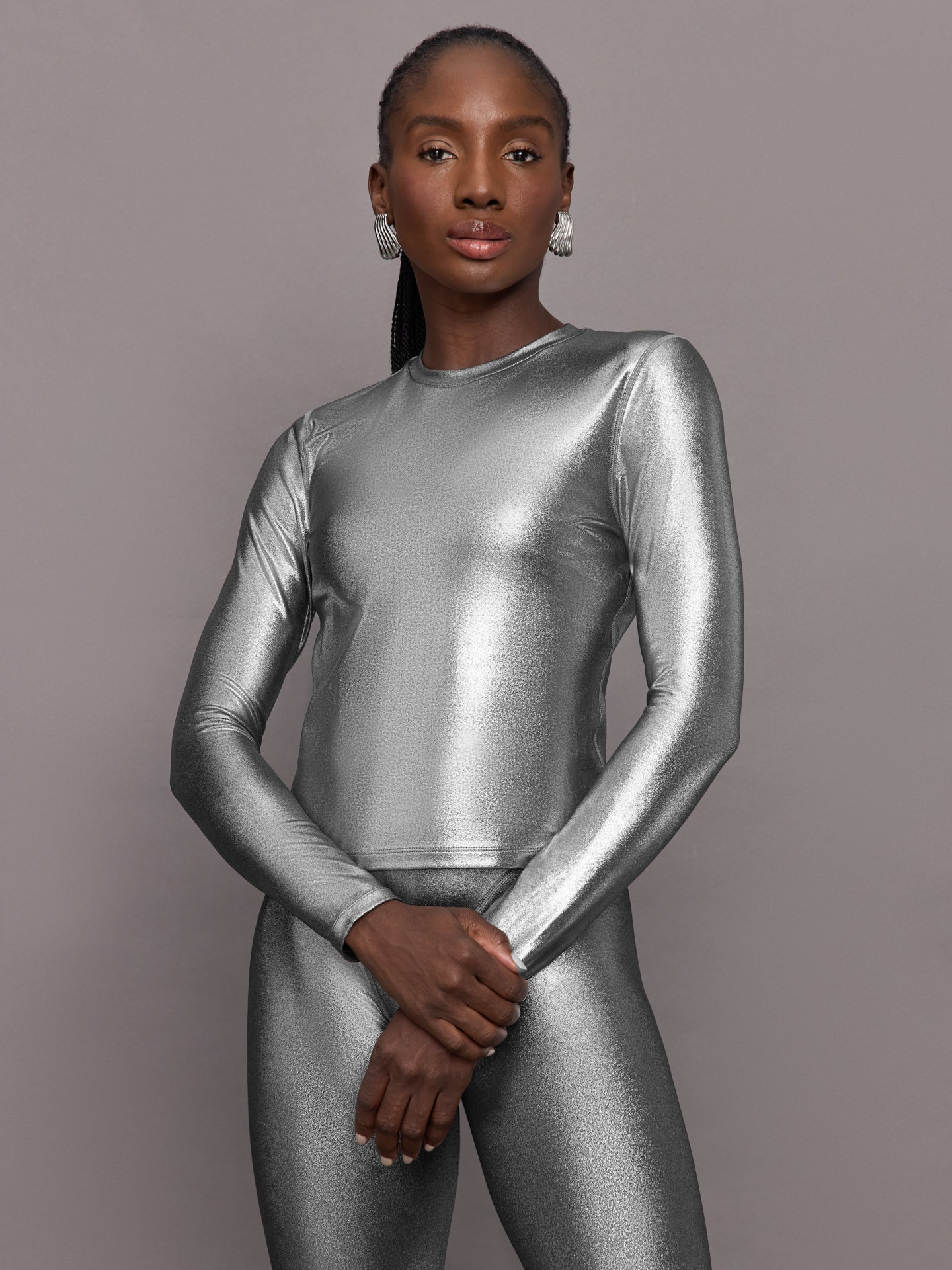 Carbon38 | Liquid Metallic Long Sleeve Top - Metallic Silver