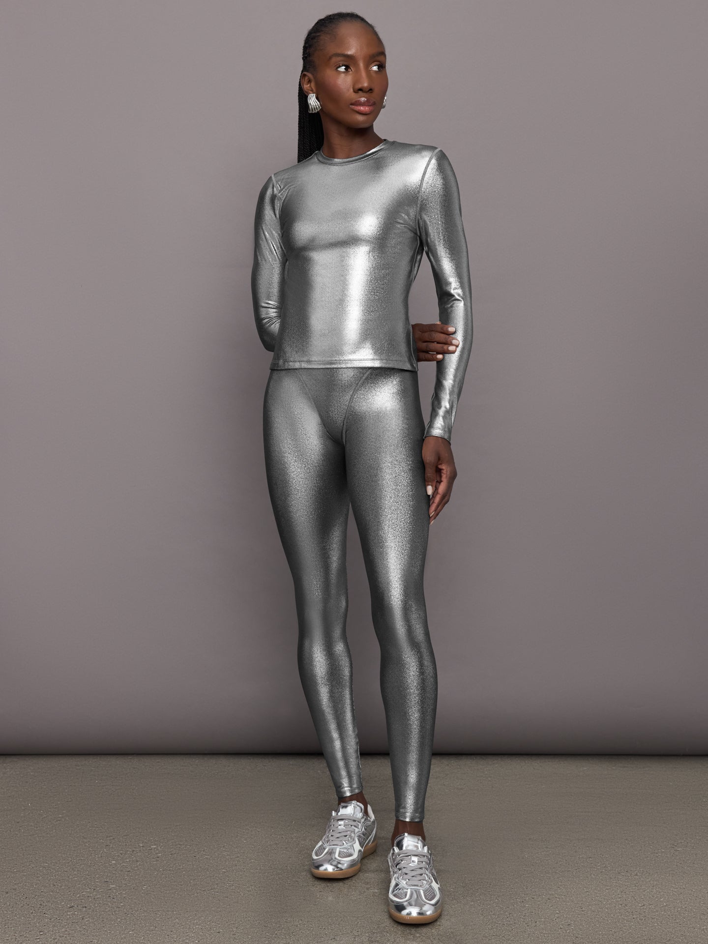 Carbon38 | Liquid Metallic Long Sleeve Top - Metallic Silver