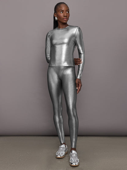 Carbon38 | Liquid Metallic Long Sleeve Top - Metallic Silver