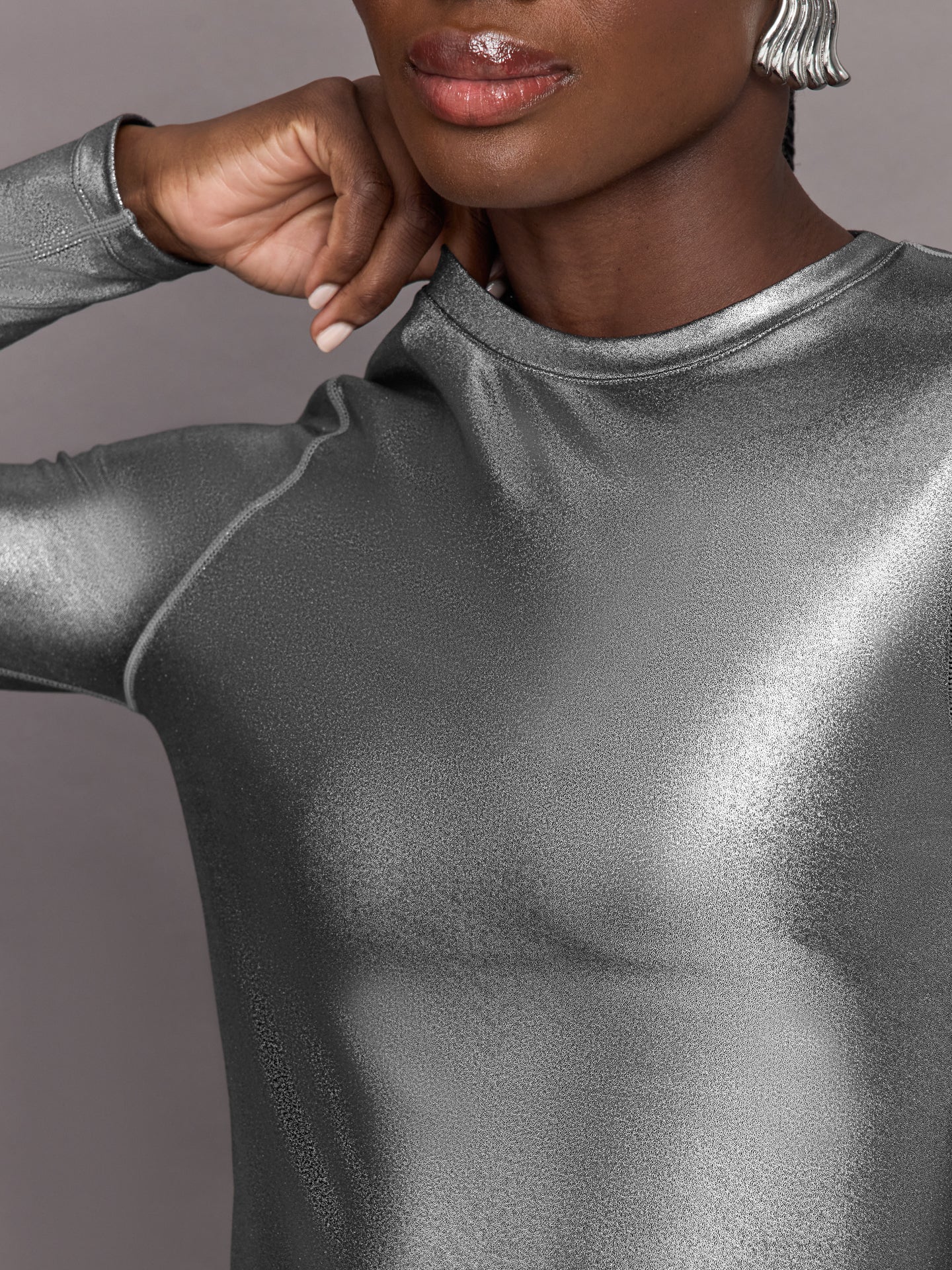 Carbon38 | Liquid Metallic Long Sleeve Top - Metallic Silver
