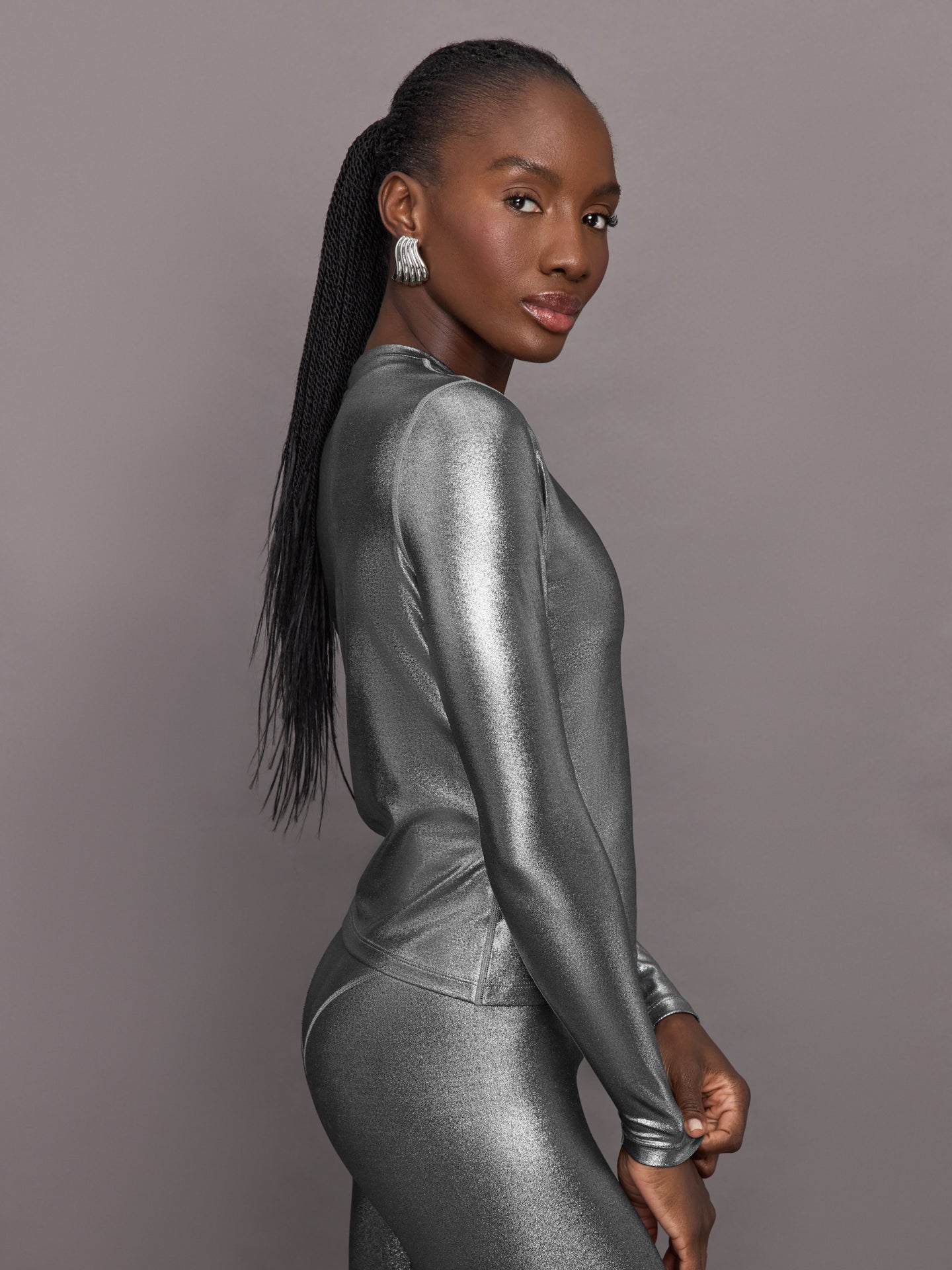 Carbon38 | Liquid Metallic Long Sleeve Top - Metallic Silver