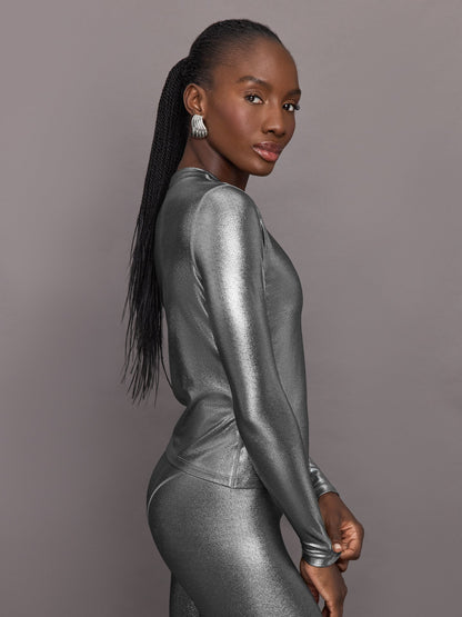 Carbon38 | Liquid Metallic Long Sleeve Top - Metallic Silver