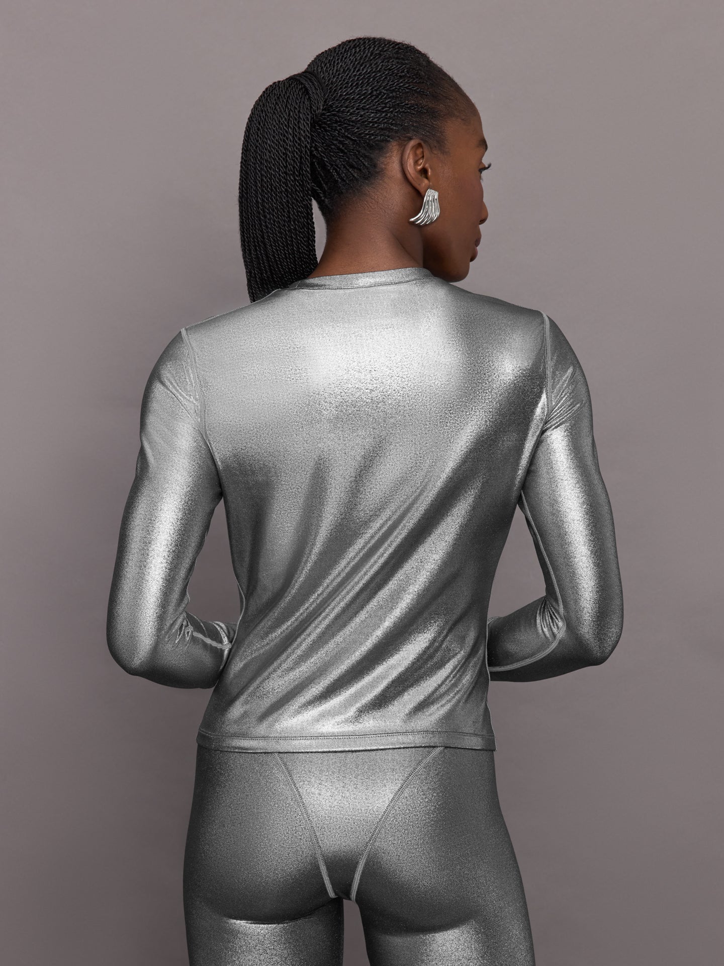 Carbon38 | Liquid Metallic Long Sleeve Top - Metallic Silver
